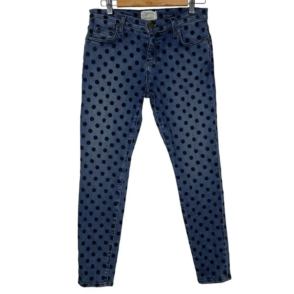 Current/Elliott Stiletto Flocked Dot Skinny Ankle Blue Jeans Size 28